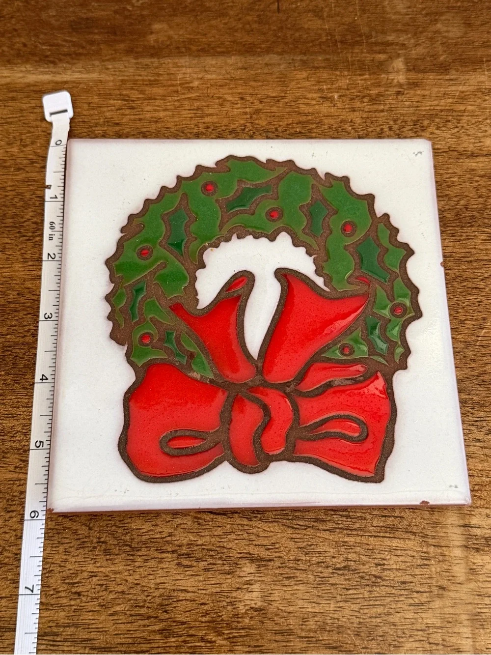Arius Tile Art Christmas Wreath Green Holly Leaves Red Bow Italy 6” Trivet